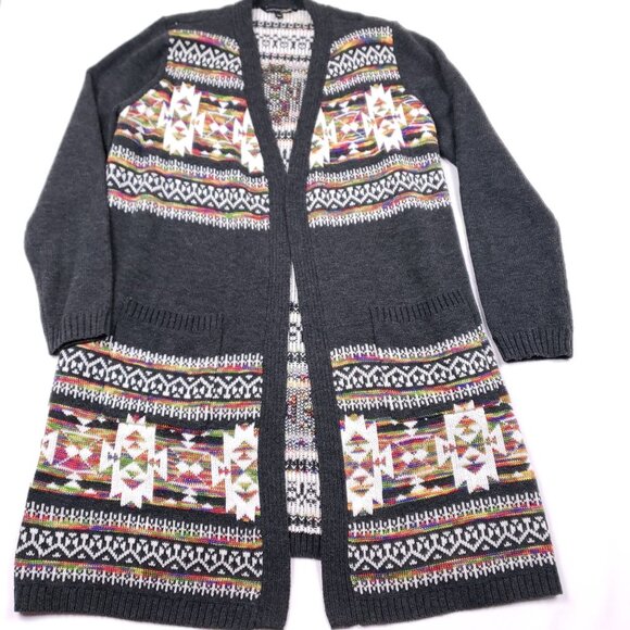 Signature Studio Gray Long Cardigan Sweater Colorful Tribal Pattern Women Large - Picture 1 of 10